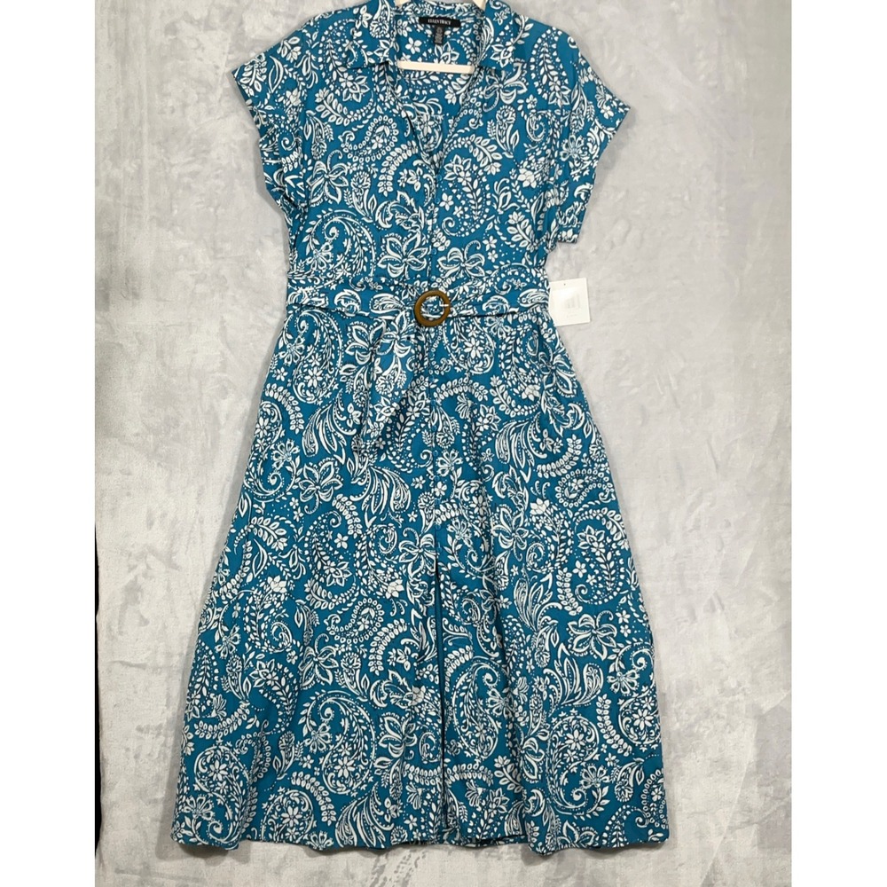 Ellen Tracy Womens Midi Dress L Blue Paisley Floral Cotton Belted Button Up Boho
